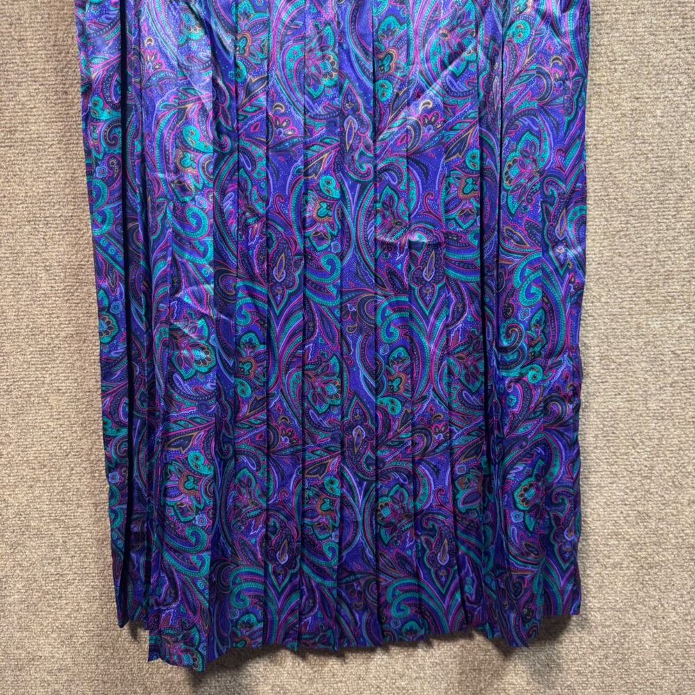 VTG Koret Multicolor Satin Boho Floral Paisley Full Pleated Skirt Sz 12 Pullon - Picture 7 of 10